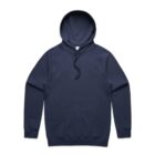 Navy blue hooded sweatshirt with front pocket and drawstring, laid flat.