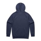 A plain navy blue hooded sweatshirt shown from the back on a white background.