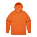 Orange hooded sweatshirt with front pocket, laid flat on a white background.