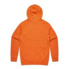 Back view of an orange hooded sweatshirt with long sleeves, laid flat on a white background.