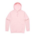 Light pink hooded sweatshirt with a front pocket, displayed on a white background.
