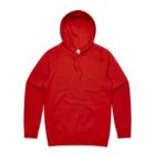 A plain red hooded sweatshirt with a front pocket and drawstrings.