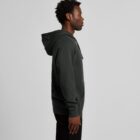 Man in a dark hoodie standing in profile against a plain light background.