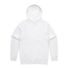 Plain white hooded sweatshirt with front pocket and drawstrings, laid flat on white background.