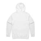 Back view of a plain white hooded sweatshirt on a white background.