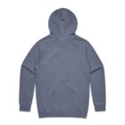 Back view of a plain blue hoodie with a hood and long sleeves, laid flat on a white background.