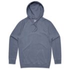 A plain blue-gray hooded sweatshirt with a front pocket and drawstrings.