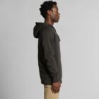Man in a black hoodie and beige pants standing in profile against a plain light background.