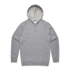 Gray hooded sweatshirt with a front pocket, drawstrings, and long sleeves, laid flat.
