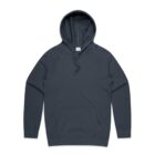 Dark gray hooded sweatshirt with front pocket and drawstrings, laid flat on a white background.