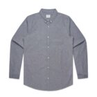 Gray long-sleeve button-up shirt with a front pocket, laid flat on a white background.