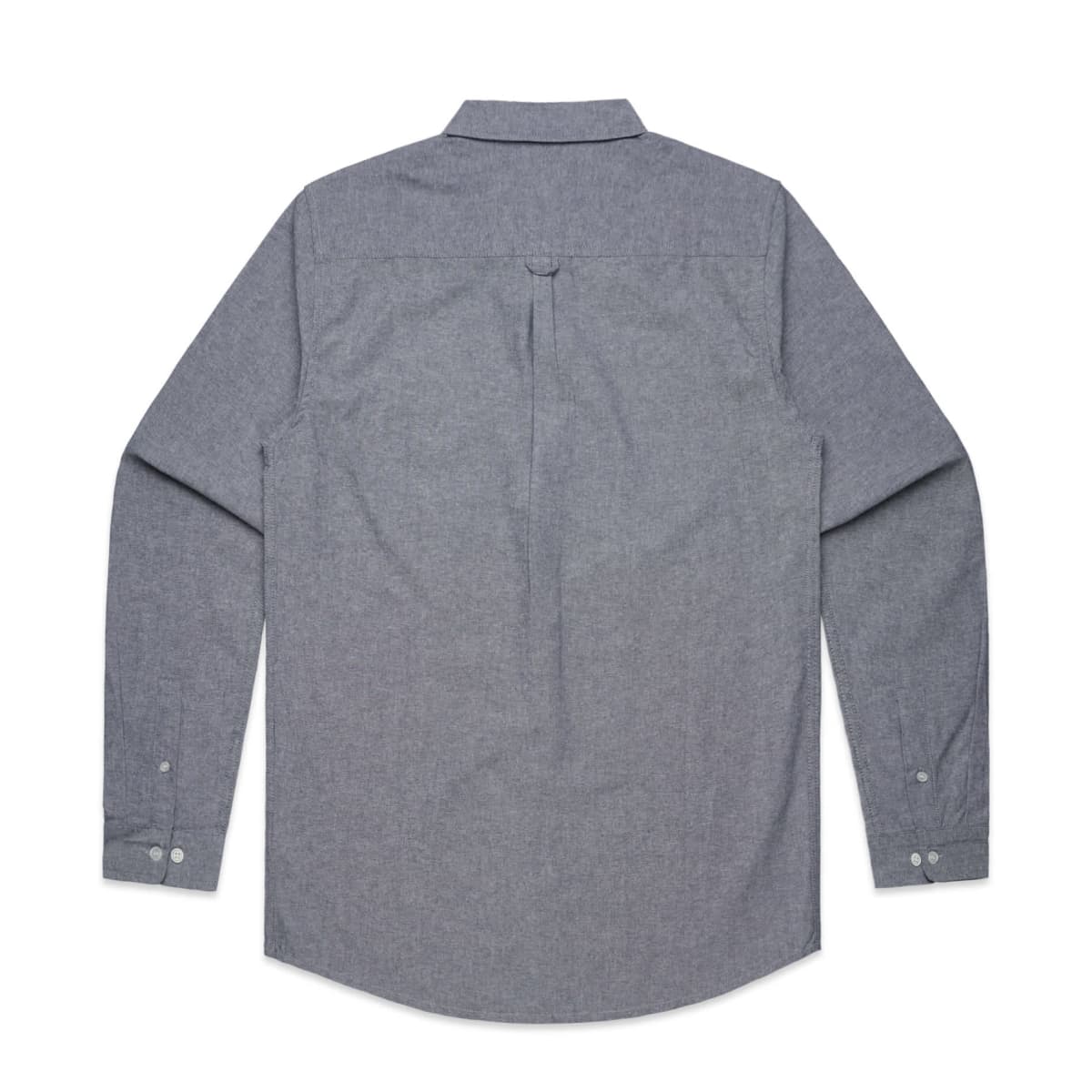 A gray long-sleeve button-up shirt shown from the back, with a collar and cuffs.