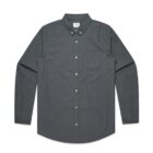 Dark gray long-sleeve button-up shirt with a collar and chest pocket, laid flat.