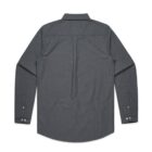 Back view of a long-sleeve, dark gray button-up shirt with collar and cuffs.