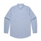 Light blue long-sleeve button-up shirt with a front chest pocket, laid flat.