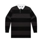 Black and dark gray striped rugby shirt with a white collar, laid flat.