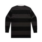 Black and dark gray striped long-sleeve rugby shirt with a white collar, back view.