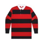 Red and black striped long sleeve rugby shirt with a white collar, laid flat on a white background.