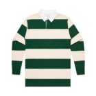 Long-sleeve rugby shirt with wide green and cream horizontal stripes and a white collar.