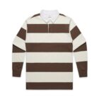 Brown and white striped rugby shirt with a white collar, laid flat on a white background.
