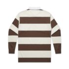 Brown and white long-sleeve rugby shirt with horizontal stripes, shown from the back.