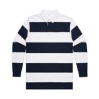Long-sleeve rugby shirt with wide navy and white horizontal stripes and a white collar.