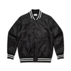 Black varsity jacket with white striped cuffs, collar, and hem, buttoned down the front.