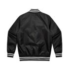 Black varsity jacket with white striped cuffs, collar, and hem, shown from the back.