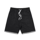 Black drawstring shorts with front pockets and light-colored trim at the hem.