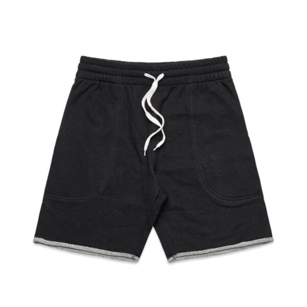 Black athletic shorts with white drawstring and visible front pockets, laid flat.
