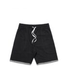 Black drawstring shorts with front pockets, laid flat on a white background.
