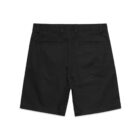Black shorts with belt loops and two back welt pockets, shown from the back.
