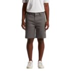 Person wearing gray shorts, white t-shirt, and white shoes, standing facing forward.