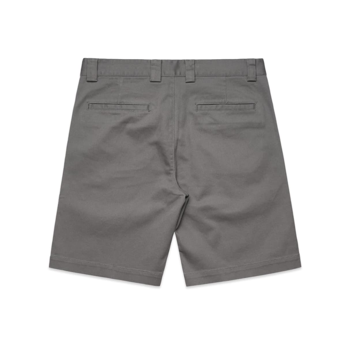 Gray shorts with belt loops and two back welt pockets, displayed on a white background.