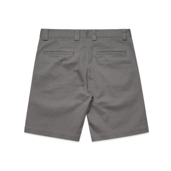 Back view of gray shorts with belt loops and two back welt pockets.