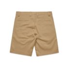 Tan khaki shorts with belt loops and two back welt pockets, viewed from the rear.