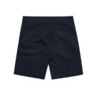 Navy blue shorts with belt loops and two back welt pockets, displayed flat.