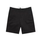 Black mens chino shorts with front pockets, belt loops, and a button closure, laid flat.