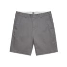 Gray knee-length chino shorts with belt loops, front pockets, and a flat front.