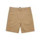 A pair of tan khaki shorts with belt loops and side pockets on a white background.