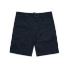 Navy blue mens chino shorts laid flat on a white background.