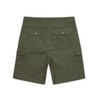 Olive green cargo shorts with buttoned back pockets, shown from the back.