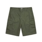 Olive green cargo shorts with side pockets displayed on a white background.