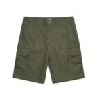 Olive green cargo shorts with front and side pockets, laid flat on a white background.