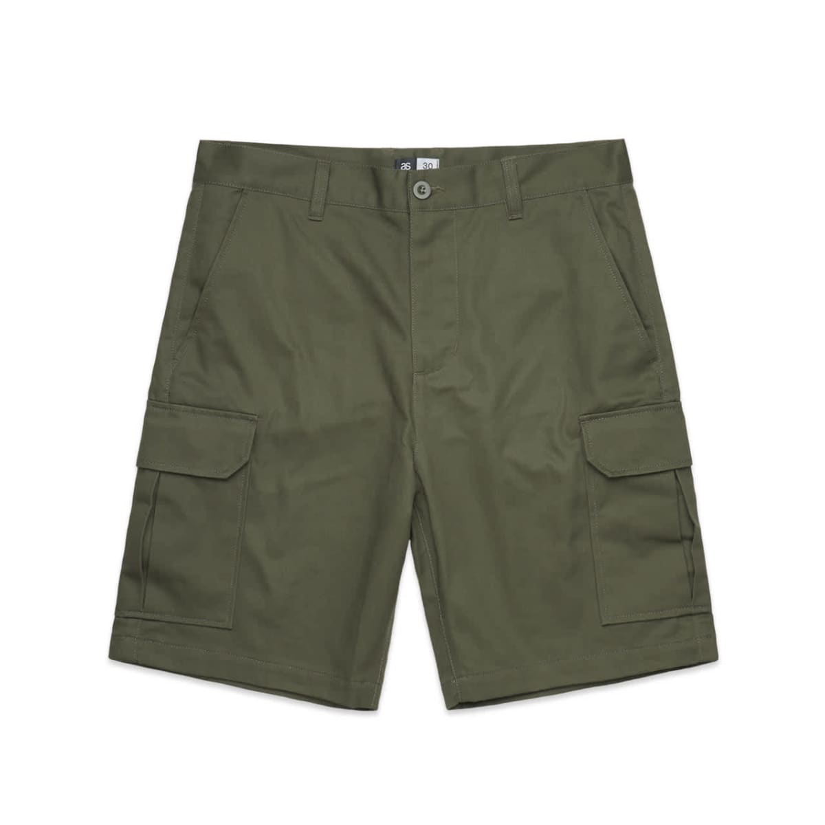 Olive green cargo shorts with front and side pockets, laid flat on a white background.