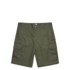 Olive green cargo shorts with side pockets, laid flat on a white background.