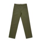 Olive green straight-leg pants laid flat on a white background.