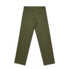 Olive green trousers shown from the back with welt pockets and belt loops.