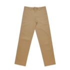 Khaki-colored straight-leg pants laid flat on a white background.