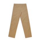 Tan khaki pants laid flat, back view with two welt pockets and belt loops.